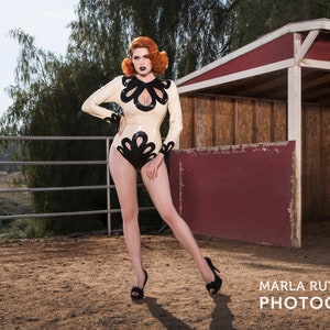 Latex bodysuit Peacock, in Black and White with cut out detail. Long sleeves. Lingerie. image 8
