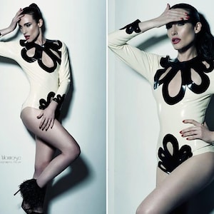 Latex bodysuit Peacock, in Black and White with cut out detail. Long sleeves. Lingerie. image 4