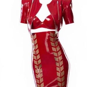 Abbigliamento in lattice, giacca corta da motociclista, bolero rosso con cerniere in metallo. Lingerie. immagine 10