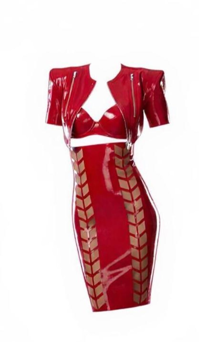 Abbigliamento in lattice, giacca corta da motociclista, bolero rosso con cerniere in metallo. Lingerie. immagine 10