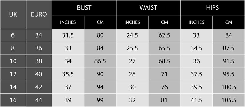 May include: A size chart showing UK and Euro sizes with corresponding bust, waist, and hip measurements in inches and centimeters.
