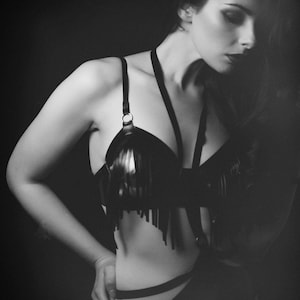 Latex lingerie Sasha underwired Open Cup fringe bra in Black or any other colors. image 5