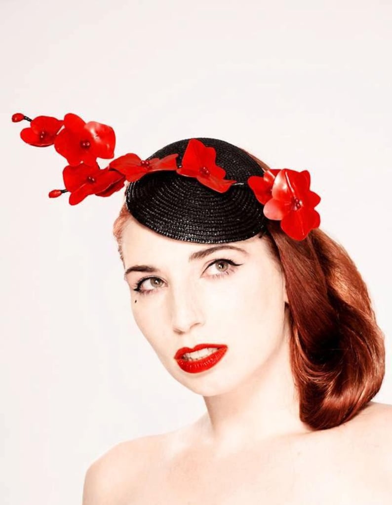 Latex clothing Wild Orchid fascinator hat in Red or any other colors. image 2