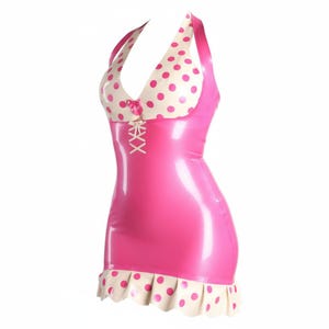 Latex Lingerie BRA ONLY. Polka Dot halterneck Bra in White with metallic fuchsia dots. image 6