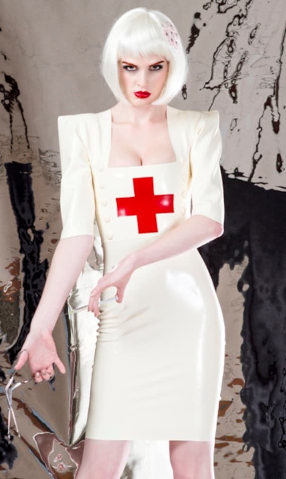 Latex Dress Nurse, Pencil Skirt in White, With Red Cross Shoulder Pads.  Lingerie. - Etsy