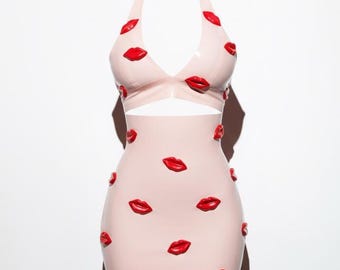 Latex Lingerie Bra Top, 'Hot Lips', Baby Pink, 3D Red Lips.