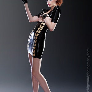 Latex clothing Chevron see through Lace up back Skirt in black with translucent natural. image 9