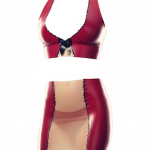 Latex Lingerie See Through detail Halterneck Bra in metallic red, black and translucent pink. image 11