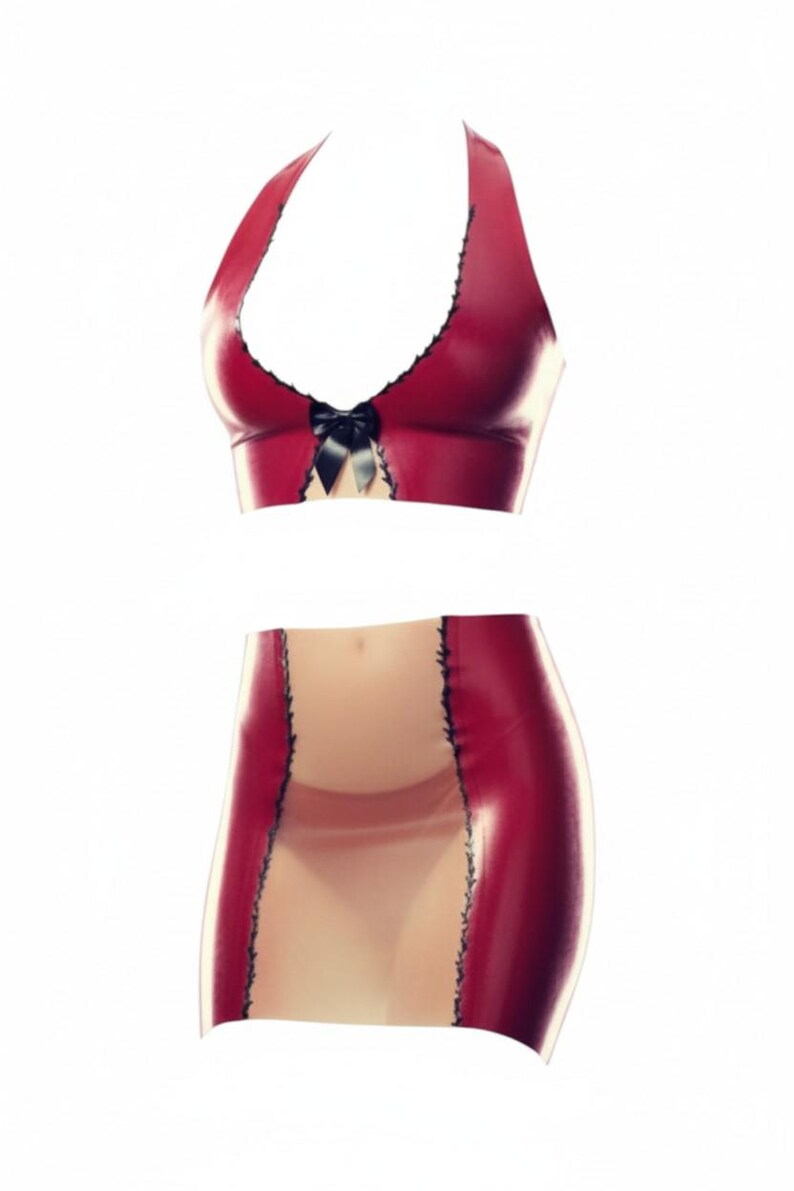 Latex Lingerie See Through detail Halterneck Bra in metallic red, black and translucent pink. image 11