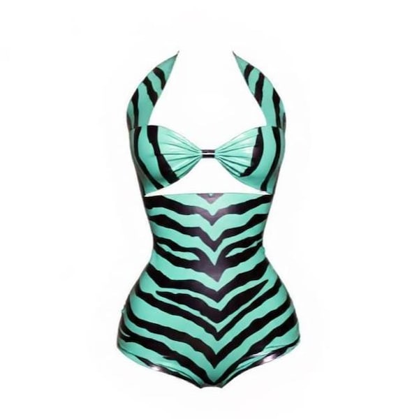 Latex Bodysuit Zebra playsuit in Jade Green and metallic purple stripes. Lingerie.