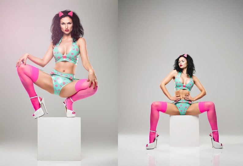 Latex Lingerie Leopard Suspender belt in Jade green and Vibrant pink. image 9