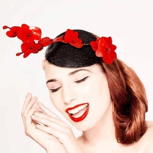 Latex clothing Wild Orchid fascinator hat in Red or any other colors.