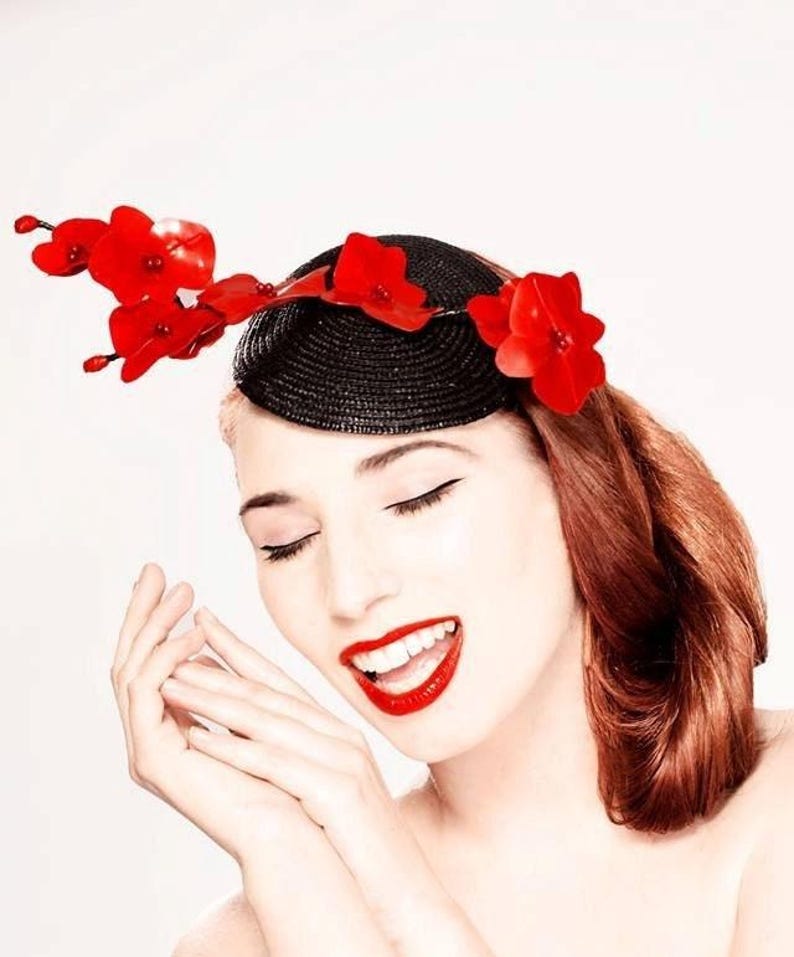 Latex clothing Wild Orchid fascinator hat in Red or any other colors. image 1