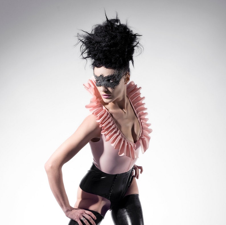 Latex clothing ruffled collar body suit in Baby pink and black Etsy