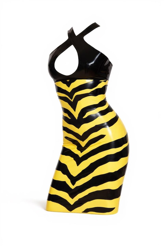 yellow latex dress bodycon Two colors Zebra, in and Black stripes detail. lingerie Trending yellow