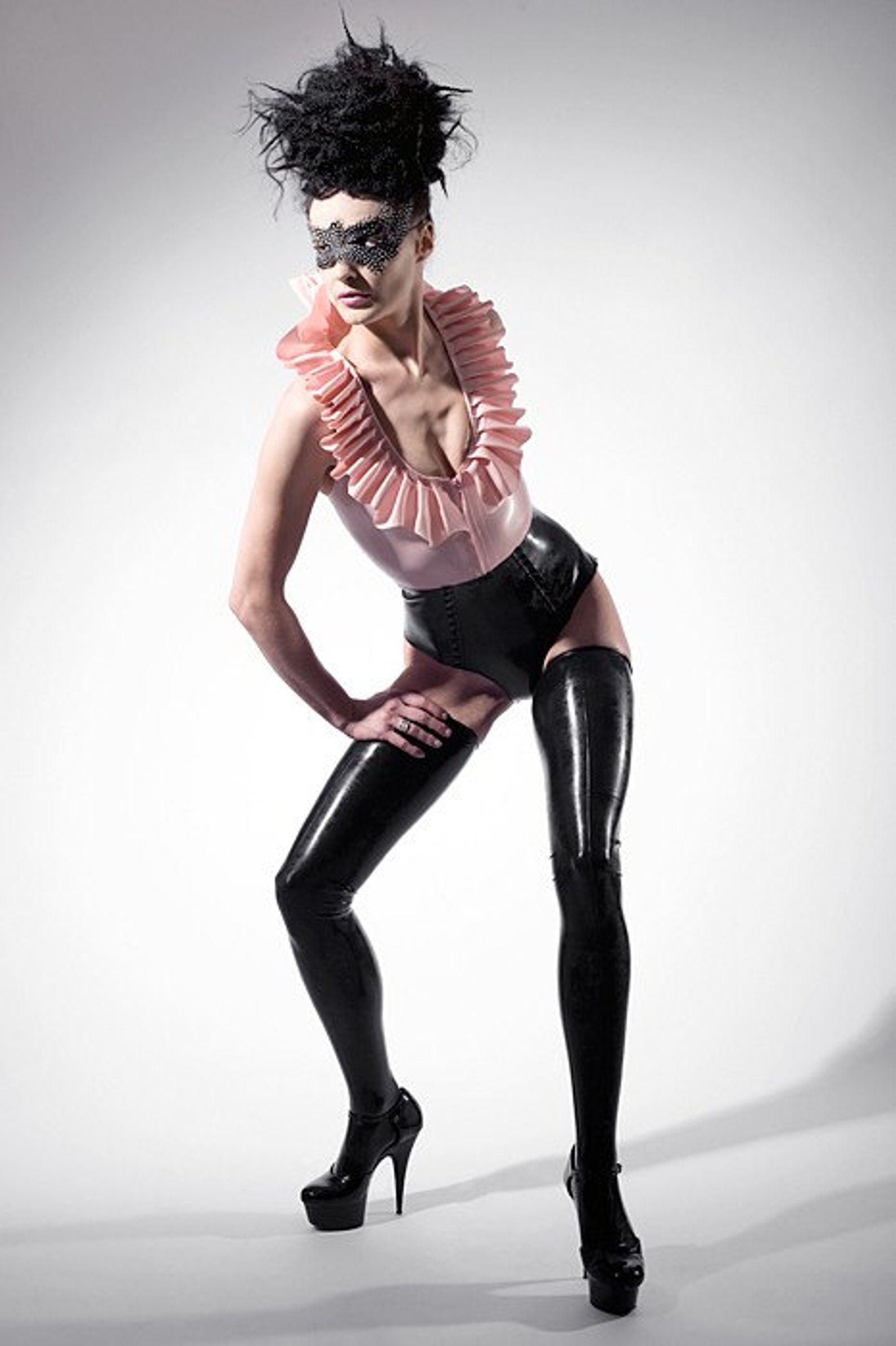 Latex Clothing Ruffled Collar Body Suit in Baby Pink and Black Etsy