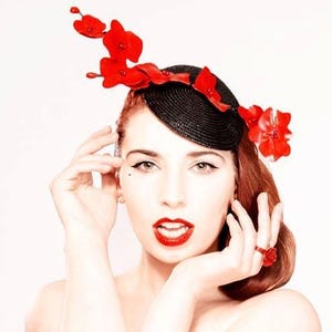 Latex clothing Wild Orchid fascinator hat in Red or any other colors. image 5