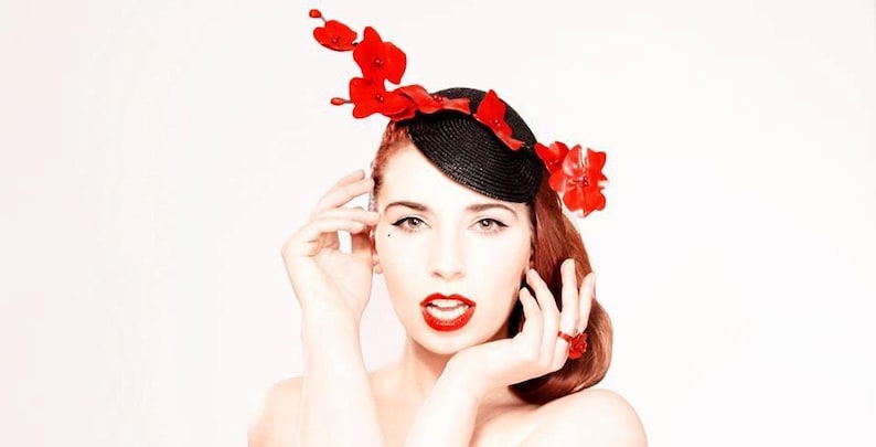 Latex clothing Wild Orchid fascinator hat in Red or any other colors. image 5
