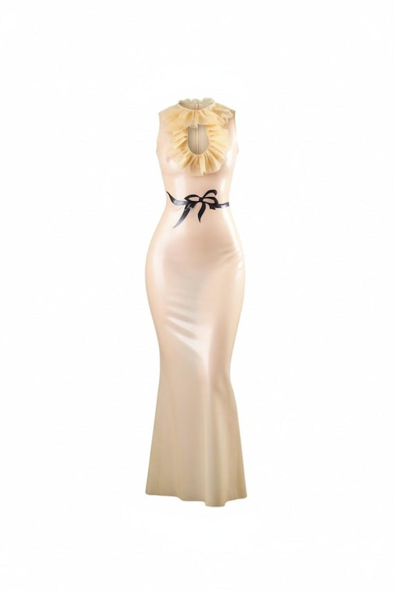 gold latex dress Ruffle Collar Art Deco Gown, in Translucent Natural With Black Applique. Lingerie Style_Halter