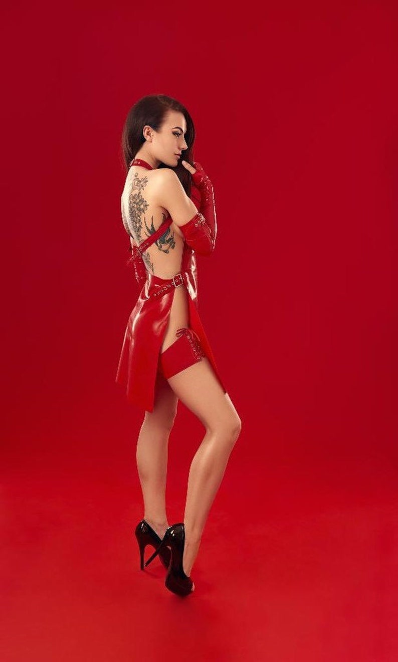 Latex Dress Nikita, Apron in Red, or any other colors. Side opening. Silver color metal parts. Lingerie. image 5