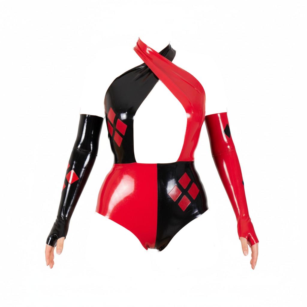 ラテックスボディスーツ ハーレー、クロスネック、赤と黒