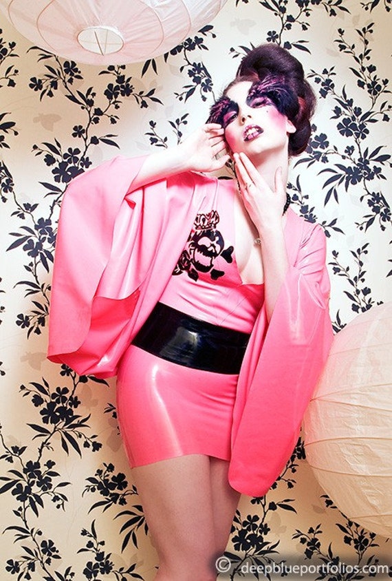 Latex Dress Kimono Mini in Vibrant Pink With Black Skull - Etsy