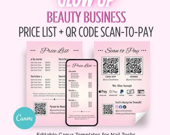 Scan to Pay | Beauty Salon Price List Templates | Editable Canva Digital Download | Pricing Menu for Nail Techs | QR Code | Pink Gradient