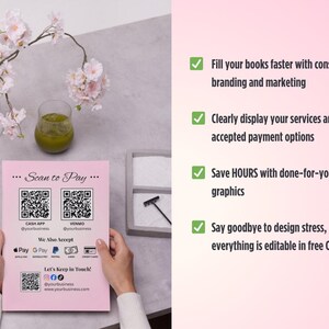 May include: A pink flyer with "Scan to Pay" text and QR codes for Cash App and Venmo. It lists accepted payment methods and social media handles. The flyer is held in front of a soft pink and gray background.