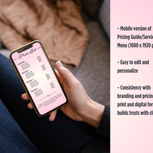 May include: A smartphone displaying a pink and white price list. The phone is held by a person wearing blue jeans. The screen shows a menu with service options and prices. Text on the right side of the phone describes the menu as easy to edit and personalize.