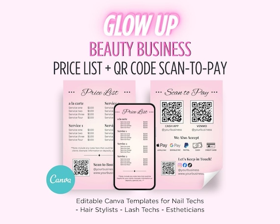 Scan to Pay | Beauty Salon Price List Templates | Editable Canva Digital Download | Pricing Menu for Nail Techs | QR Code | Pink Gradient