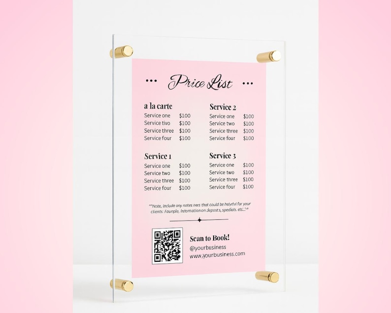 May include: A clear acrylic price list with gold-colored hardware. The pink paper insert displays a price list with the title "Price List" and service details. A QR code and contact information are at the bottom.