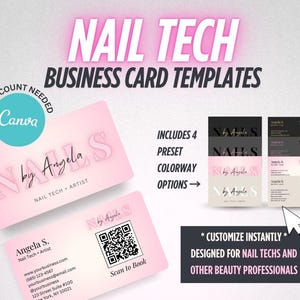 Könnte beinhalten: Rosa Visitenkarten-Vorlagen für Nageltechniker. Das Design zeigt den Text "NAIL TECH BUSINESS CARD TEMPLATES" und "NAILS by Angela S." Enthält vier voreingestellte Farboptionen. Das Design ist anpassbar und für Nageltechniker und andere Beauty-Profis konzipiert.