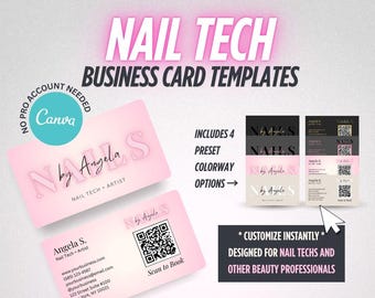 Plantillas de tarjetas de presentación minimalistas y elegantes para profesionales de la manicura / Editables en Canva, descarga digital / Tarjeta con código QR para artistas y salones de manicura