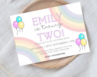 May include: A colourful birthday party invitation featuring a rainbow design and balloons. The invitation reads "Emily is turning two!" and includes the date, time, and RSVP details.