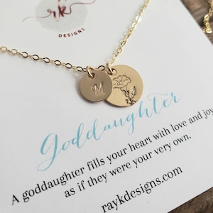 Goddaughter necklace, hand stamped initial Birth flower charm, goddaughter birth month, niece gift, baptism, communion, birthday gift Easter