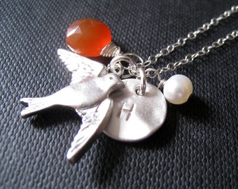 bird initial necklace, personalized jewelry, silver sparrow charm,  birthstone jewelry, organic disc, woodlands