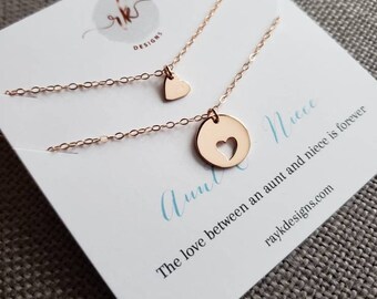 Aunt Niece Shareable Necklace Set, Rose Gold Heart Cutout Charm