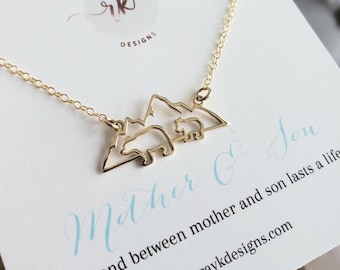 Mother son gift, mama and baby bear pendant, new mother gift, gold festoon mother child  mountain, mom birthday gift, mothers day, adorable