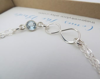 Gift for bride to be from maid of honor, blue topaz infinity bracelet, something blue jewelry, bridal shower gift