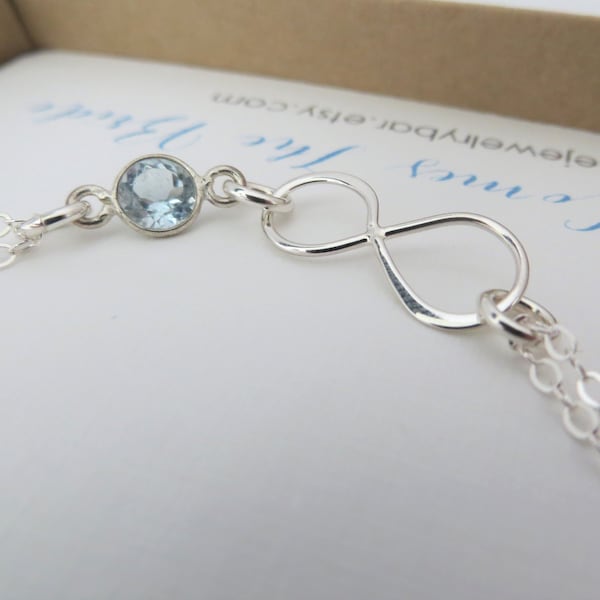 Gift for bride to be from maid of honor, blue topaz infinity bracelet, something blue jewelry, bridal shower gift