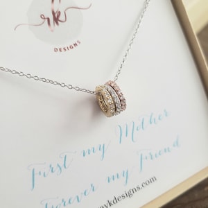 Mother of 3 necklace, daughter to mom gift, mixed metal rhinestone three ring necklace, eternity circle birthday gift wedding generation
