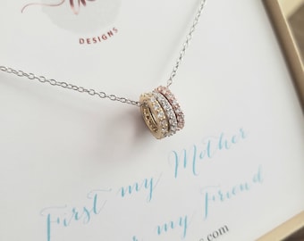 First my mother forever my friend, daughter to mom gift, mixed metal rhinestone 3 ring necklace, eternity circle birthday wedding generation