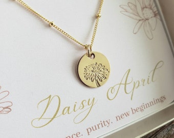 April Birth flower necklace, April birthday gift for her, Daisy hand stamped birth flower charm, friend, bridesmaid gift, bridal Custom gift