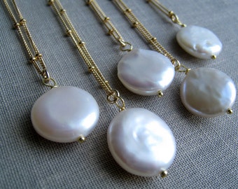 Set of 3 Classic Pearl necklace,  bridesmaid gift, coin pearl solitaire necklace, satellite chain, wedding party, white, cream