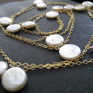 Bridal double wrapped Pearl necklace,  gift for bride, long Coin pearl layered necklace, 14k gold filled chain, bridesmaid layering