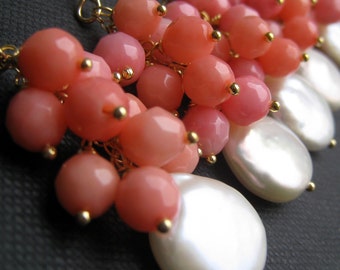 Coin Pearl and pink coral earrings, Salmon pink corals, spring wedding bridesmaid jewelry, freshwater pearls, flower girl gifts