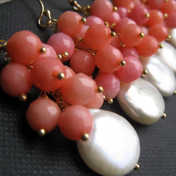 Coin Pearl and pink coral earrings, Salmon pink corals, spring wedding bridesmaid jewelry, freshwater pearls, flower girl gifts