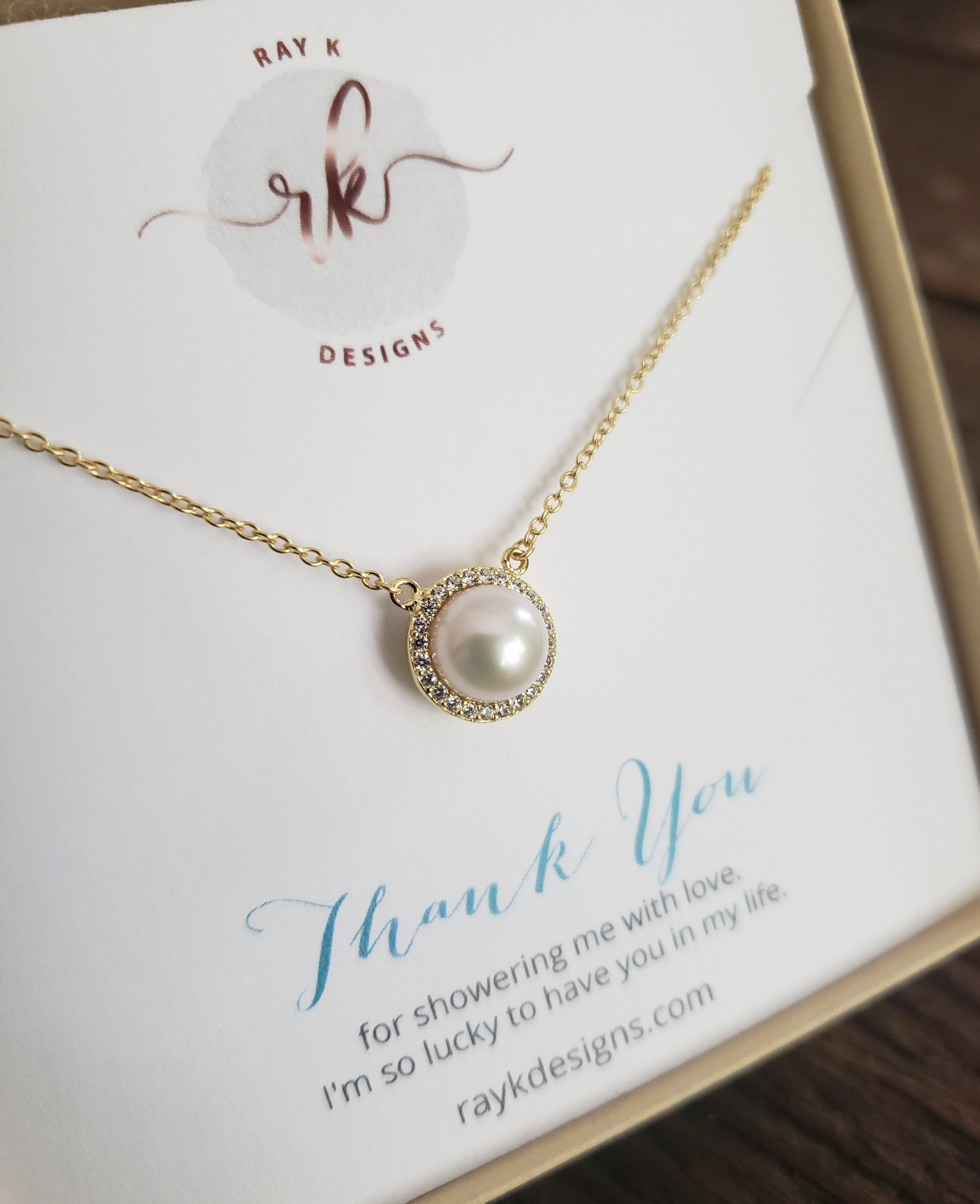 Bridal shower hostess thank you gift, Cz bezel pearl necklace, gift for maid of honor, baby shower hostess, sprinkles, wedding shower