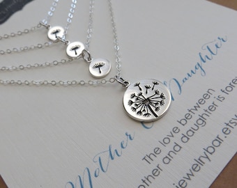 Mother 3 daughter jewelry, Dandelion charm necklace set, sterling silver bronze, mama of girls gift, nature, mothers day gift mom daughter