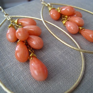 Coral Hoop Earrings, gold hoop earrings, spring weddings, pink corals, bridesmaid jewelry, bridesmaid earrings, wire wrapped
